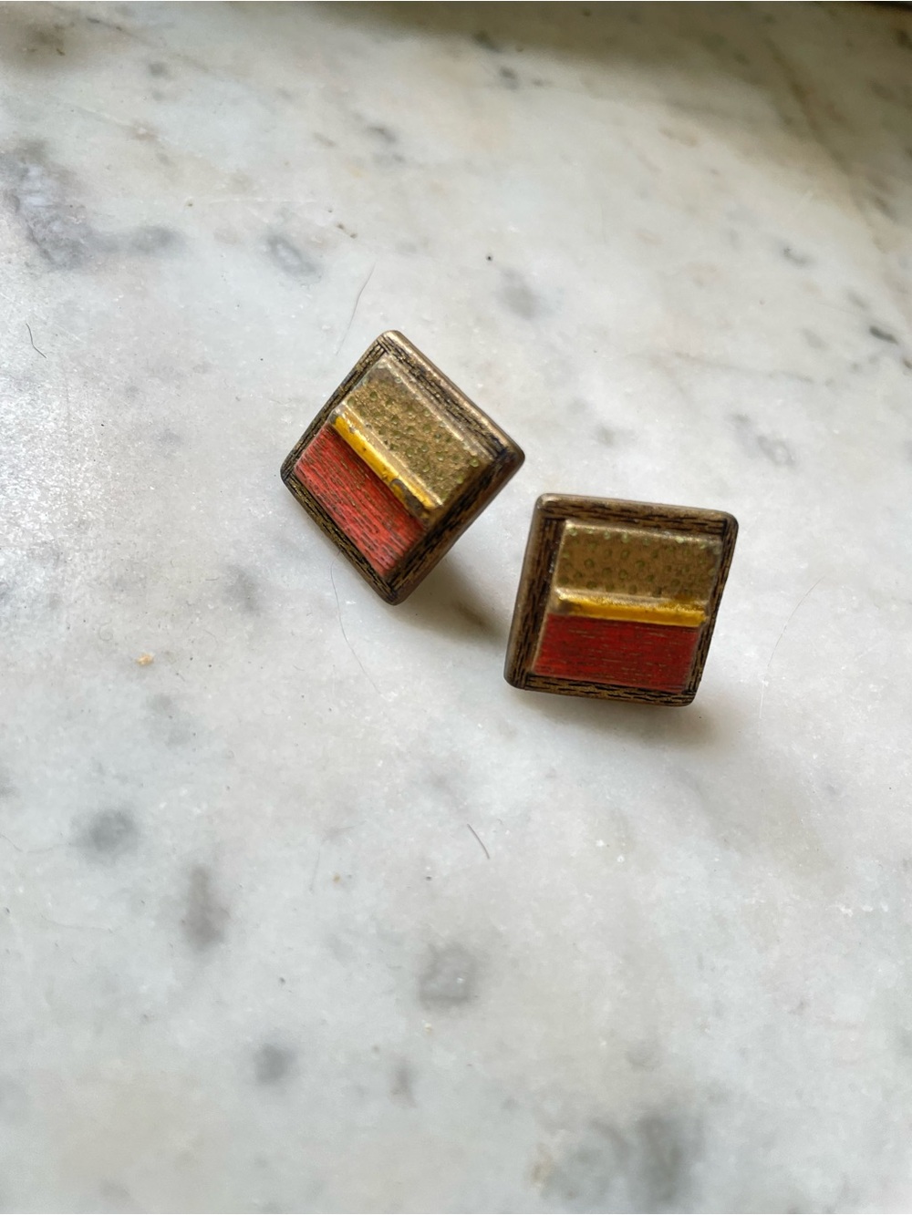 Artisan Red and Gold Square Enamel Stud Earrings polymer (?)